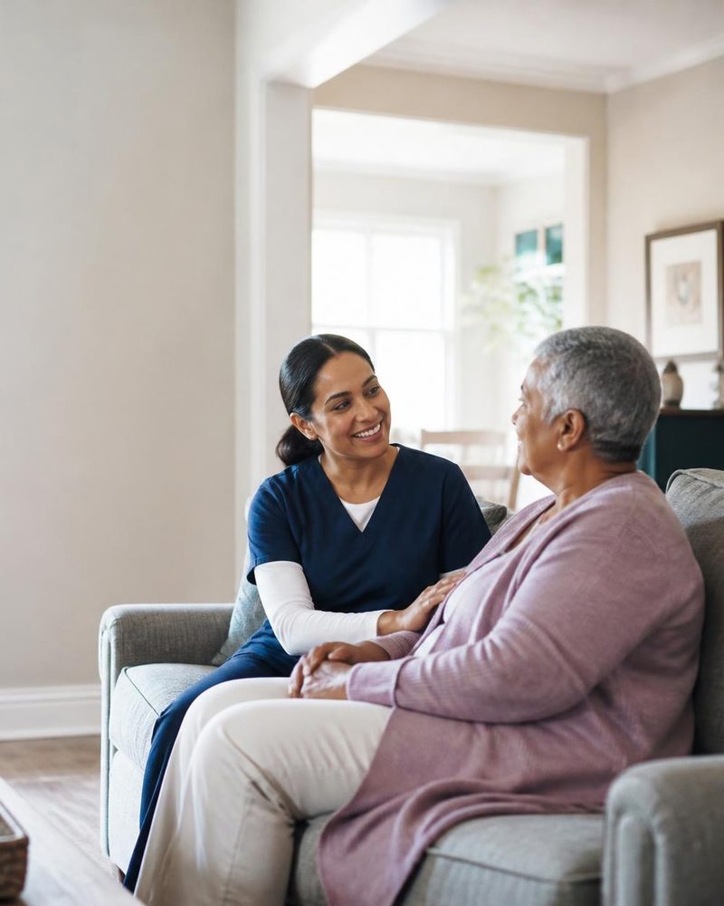 A caregiver sitting with a senior woman on a living room sofa